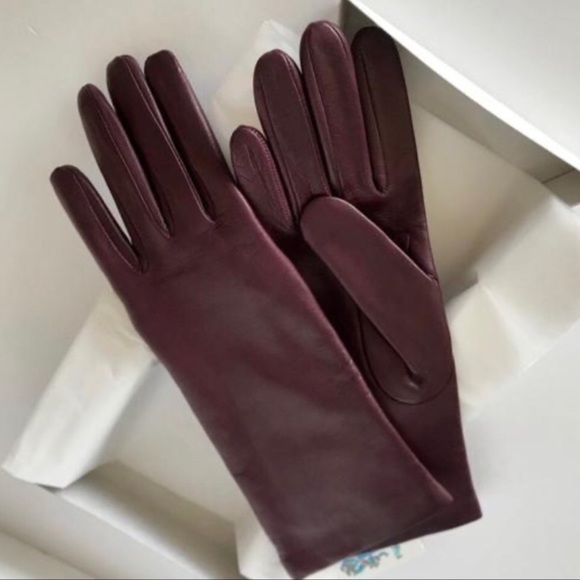 Portolano Leather & Cashmere Long  Gloves Color Purple/Aubergine Size 6.5 Small - Picture 1 of 9